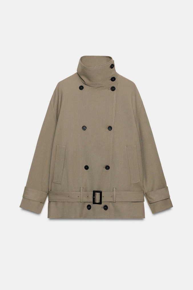 Kemerli Kısa Bej Deri Kadın Trençkot - Görsel 3