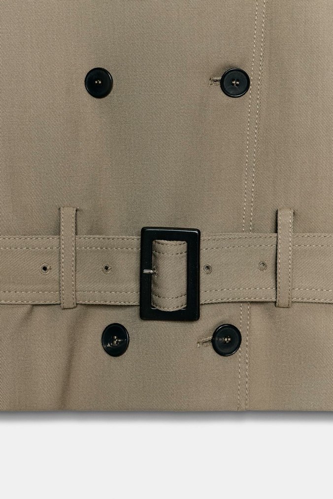 Kemerli Kısa Bej Deri Kadın Trençkot - Görsel 5