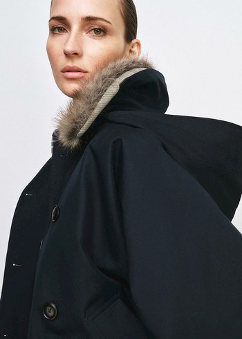 Gri Kürklü Kadın Denim Midi Kaban - Görsel 2