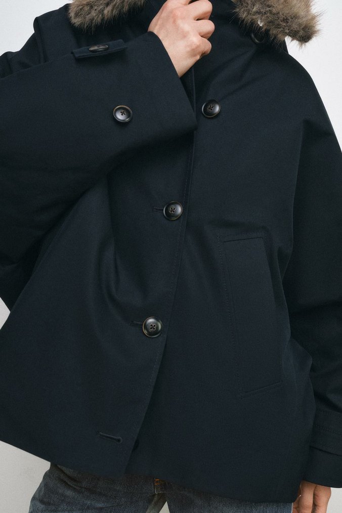 Gri Kürklü Kadın Denim Midi Kaban - Görsel 4