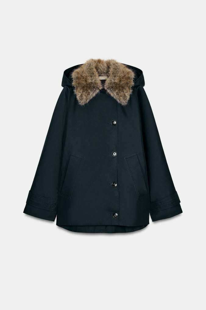 Gri Kürklü Kadın Denim Midi Kaban - Görsel 5