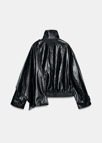 Siyah Drapeli Uzun Deri Kadın Ceket - Görsel 7