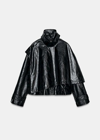 Siyah Drapeli Uzun Deri Kadın Ceket - Görsel 6