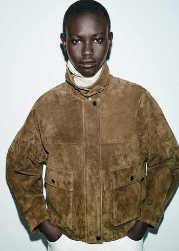 Bej Süet Kadın Ceket, Regular Fit, Midi Boy - Görsel 2