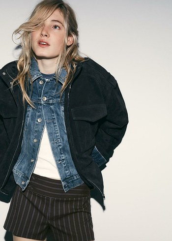 Çizgili Bej Mini Denim Ceket - Görsel 2