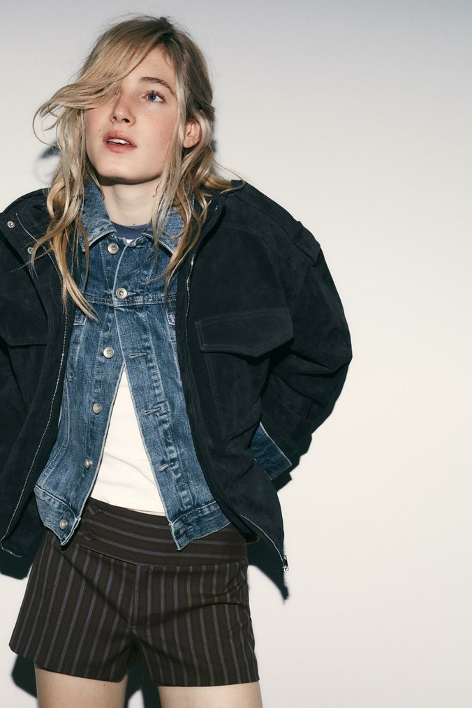 Çizgili Bej Mini Denim Ceket - Görsel 2