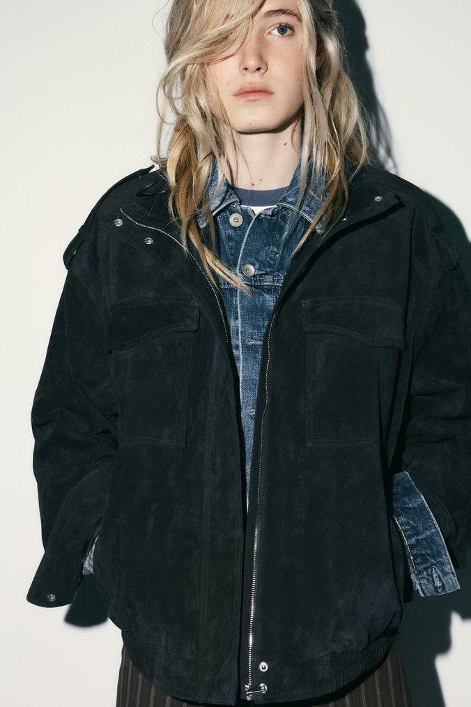 Çizgili Bej Mini Denim Ceket - Görsel 3