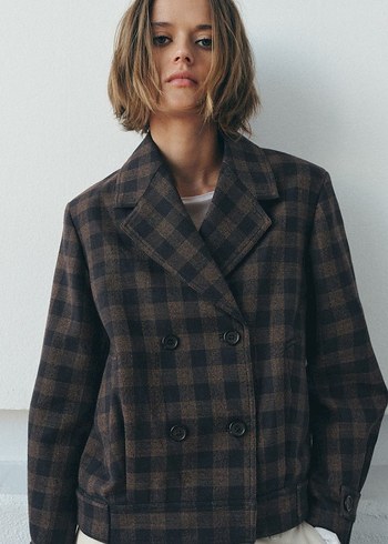 Düğmeli Kahverengi Ekose Kadın Blazer - Görsel 2