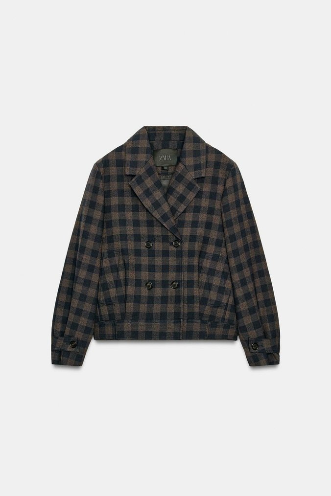 Düğmeli Kahverengi Ekose Kadın Blazer - Görsel 4