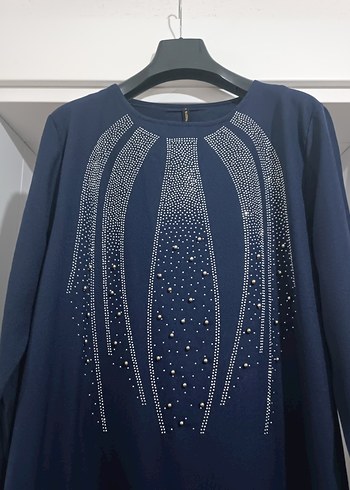 Nakışlı Drapeli Lacivert Uzun Kadın Elbise - Görsel 5