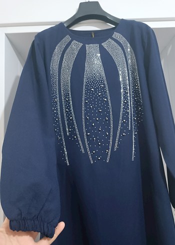 Nakışlı Drapeli Lacivert Uzun Kadın Elbise - Görsel 7