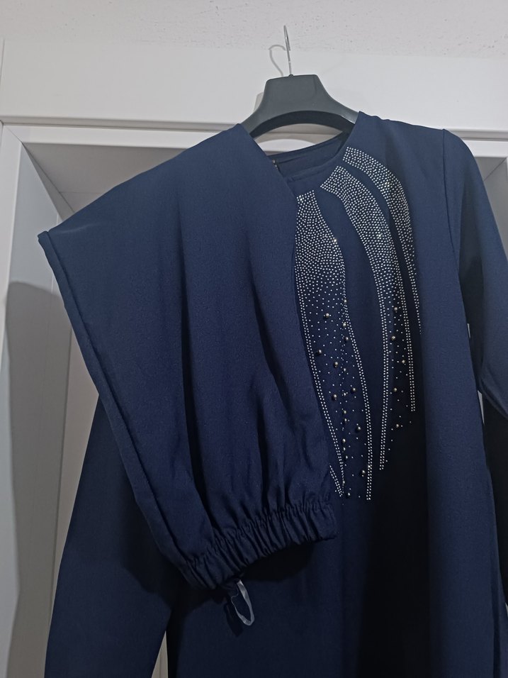 Nakışlı Drapeli Lacivert Uzun Kadın Elbise - Görsel 3