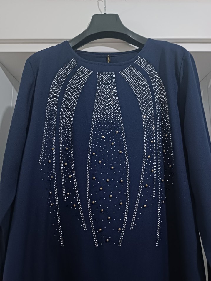 Nakışlı Drapeli Lacivert Uzun Kadın Elbise - Görsel 2