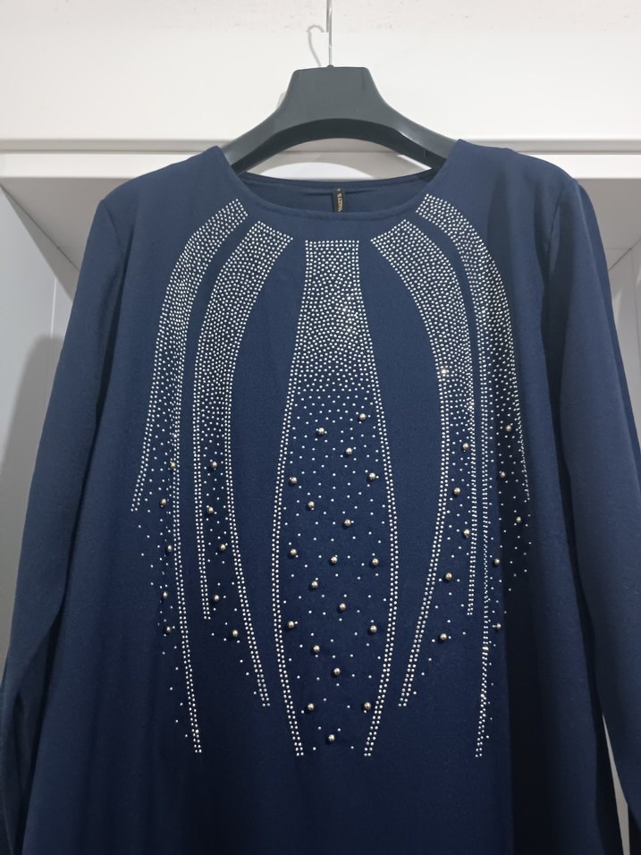 Nakışlı Drapeli Lacivert Uzun Kadın Elbise - Görsel 5