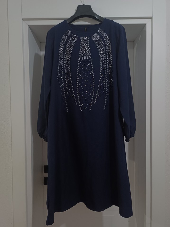 Nakışlı Drapeli Lacivert Uzun Kadın Elbise - Görsel 4