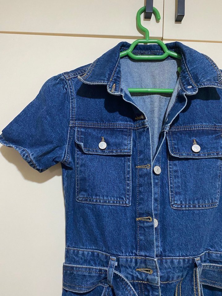 Lacivert Kemerli Kısa Kollu Denim Tulum - Görsel 2