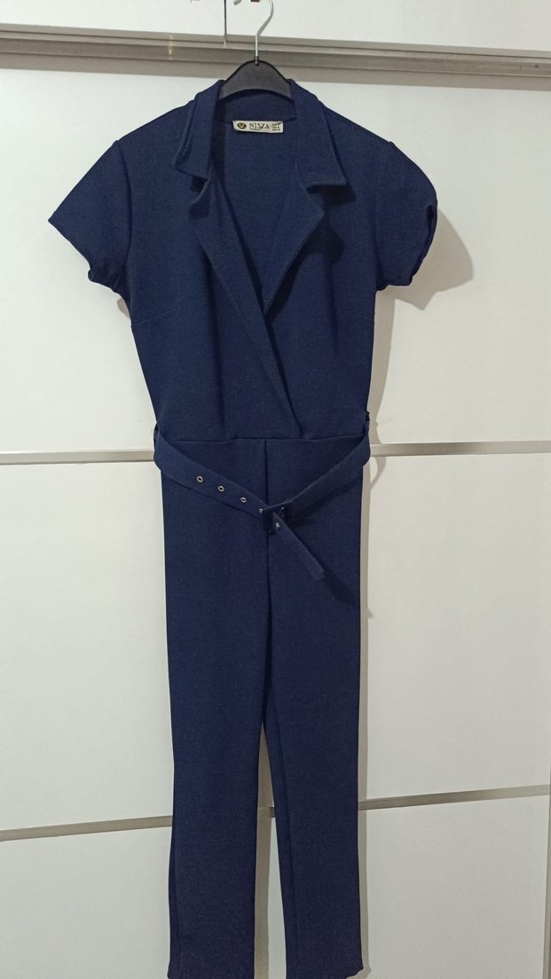 Lacivert Kemerli Kısa Kollu Tulum - Görsel 2