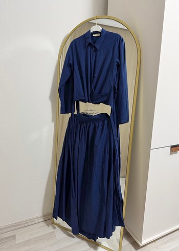 Uzun Lacivert Önden Bağlamalı etekli Takım - Görsel 2