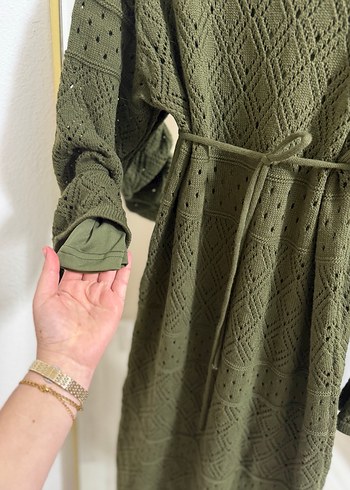 Nakışlı Haki Triko Uzun Elbise - Görsel 2