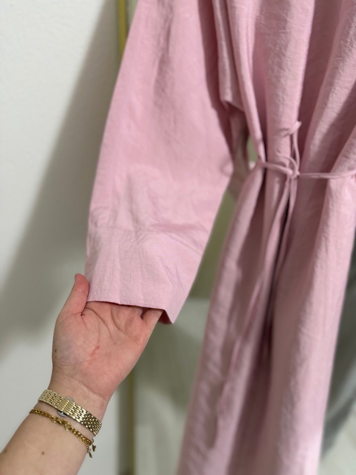 Pembe Keten Uzun Kollu Salaş Elbise - Görsel 2