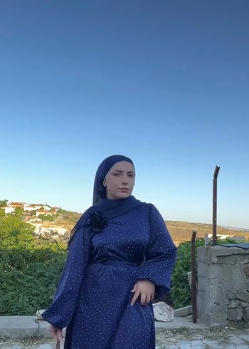 Lacivert Parlak Uzun Drapeli Saten Elbise - Görsel 3