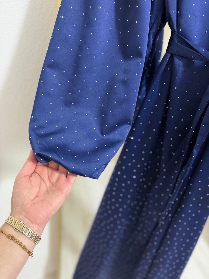 Lacivert Parlak Uzun Drapeli Saten Elbise - Görsel 2