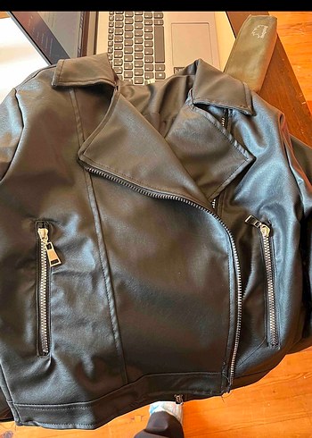 siyah Kadın Deri Biker Ceket - Görsel 3