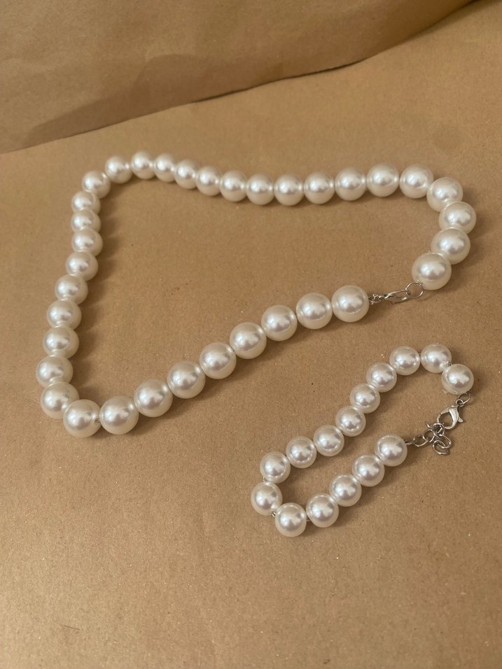 Beyaz İnci Boncuklu Kolye ve bilekliği - Görsel 2