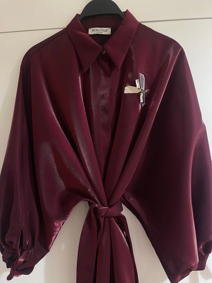 Uzun Kollu Bordo Kadın Gömlek - Görsel 4