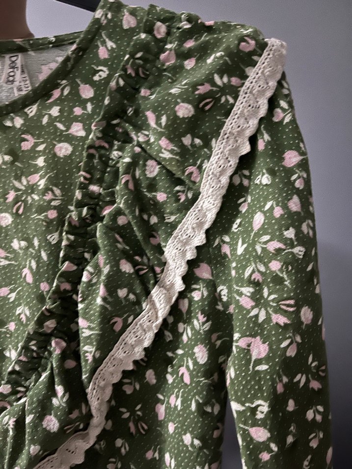 Kız Çocuk Yeşil Çiçek Desenli Uzun Kollu Elbise - Görsel 5