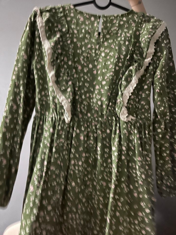 Kız Çocuk Yeşil Çiçek Desenli Uzun Kollu Elbise - Görsel 4