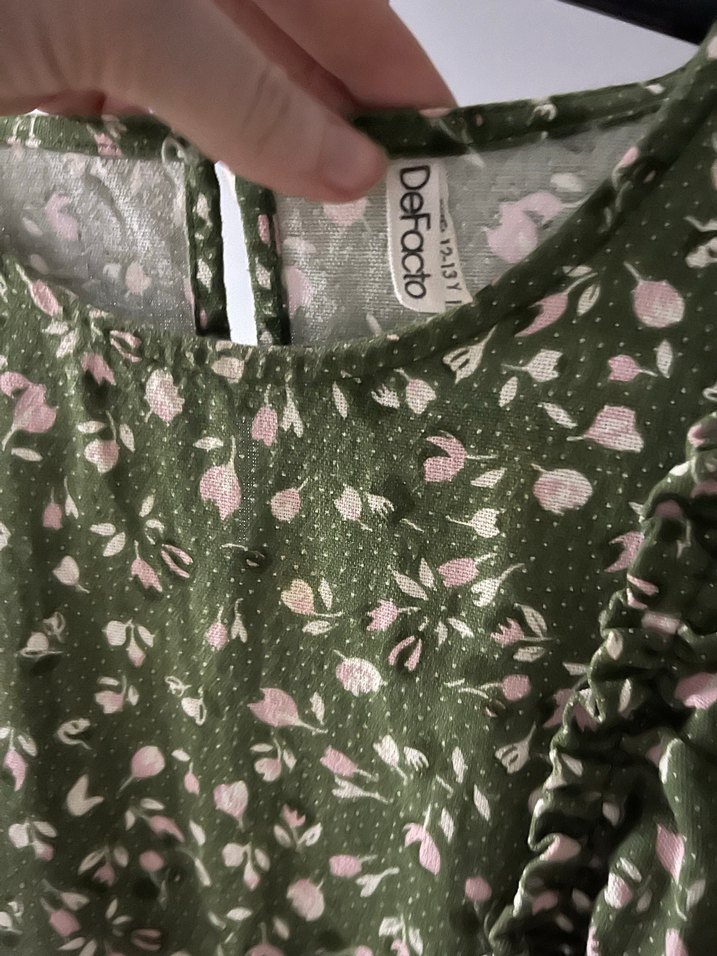 Kız Çocuk Yeşil Çiçek Desenli Uzun Kollu Elbise - Görsel 3