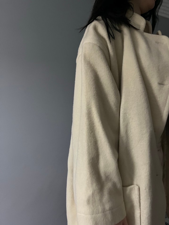 Bej Midi Kadın Kaban Yüksek Yakalı - Görsel 4