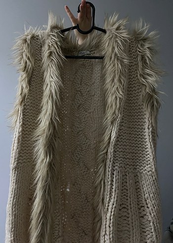 Kadın Gri Bohem Kürklü Yün Yelek - Görsel 4