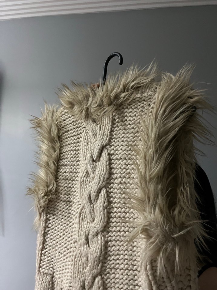 Kadın Gri Bohem Kürklü Yün Yelek - Görsel 2