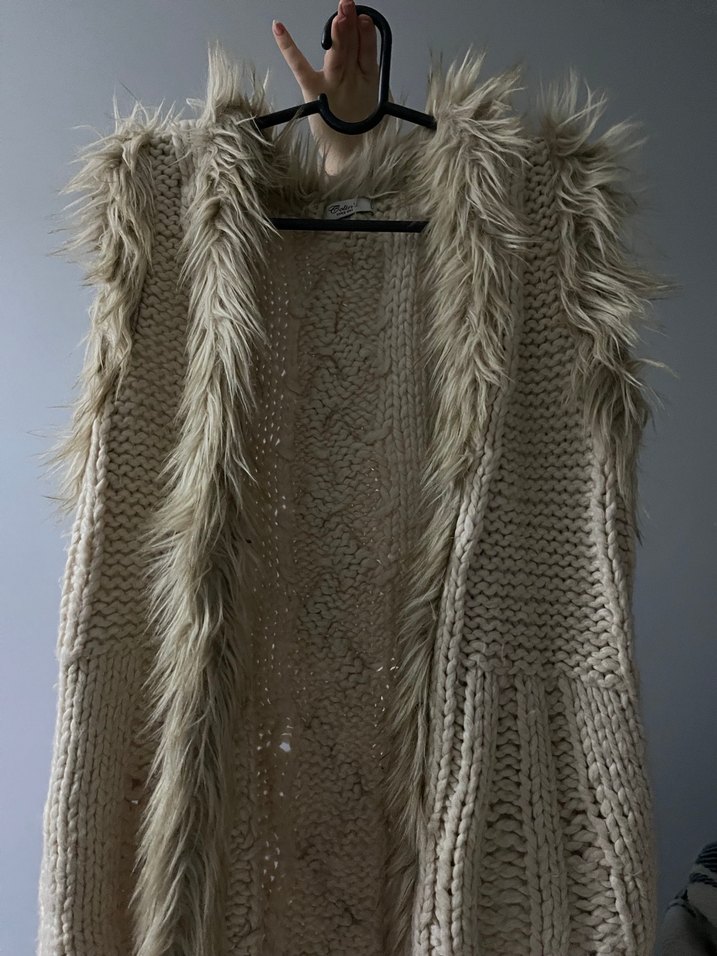 Kadın Gri Bohem Kürklü Yün Yelek - Görsel 4