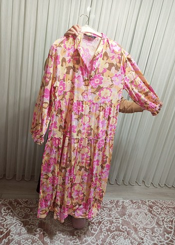 Pembe Çiçekli Uzun Bohem Elbise - Görsel 2