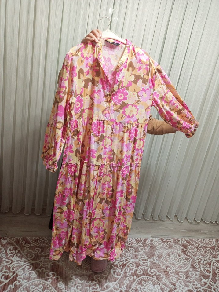 Pembe Çiçekli Uzun Bohem Elbise - Görsel 2