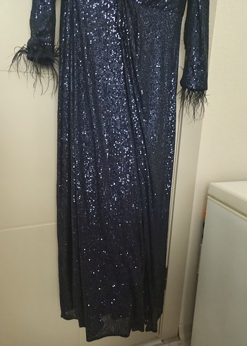 Kadın Lacivert Uzun Kollu Drapeli Abiye Elbise - Görsel 5