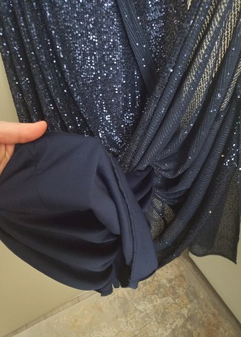 Kadın Lacivert Uzun Kollu Drapeli Abiye Elbise - Görsel 6