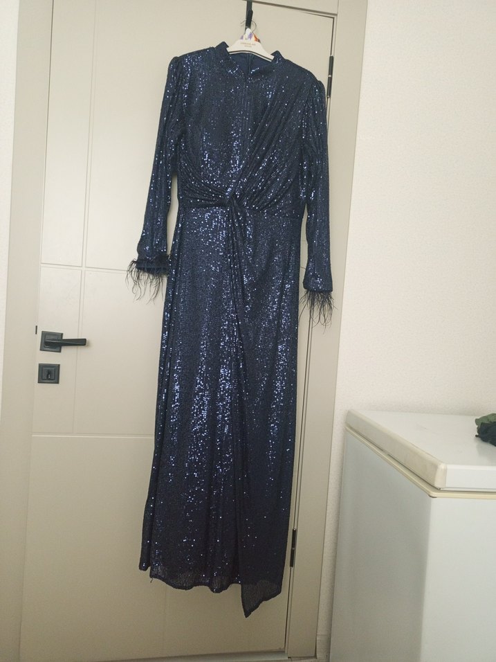 Kadın Lacivert Uzun Kollu Drapeli Abiye Elbise - Görsel 3