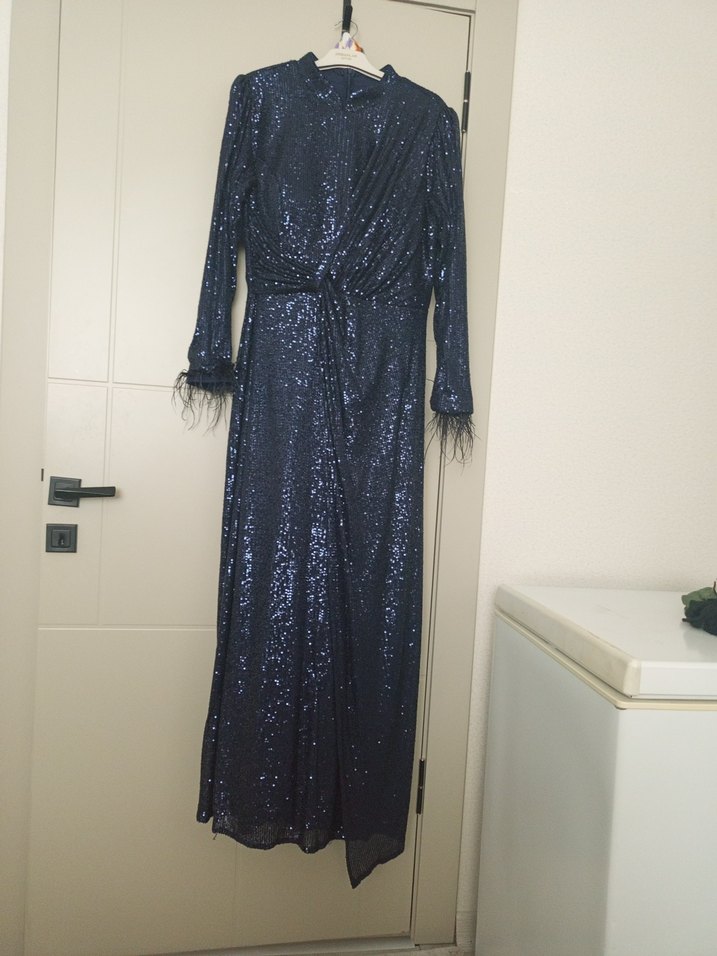 Kadın Lacivert Uzun Kollu Drapeli Abiye Elbise - Görsel 2