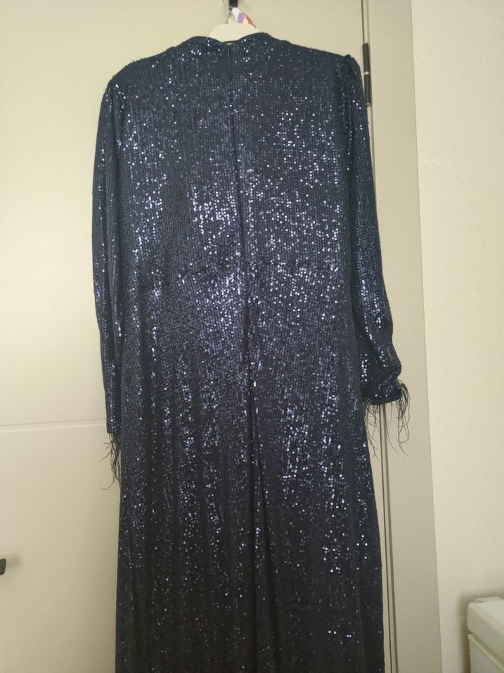 Kadın Lacivert Uzun Kollu Drapeli Abiye Elbise - Görsel 4