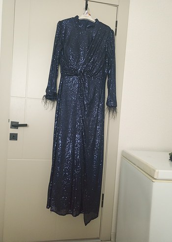 Parlak Lacivert Uzun Kollu V Yaka Elbise - Görsel 9