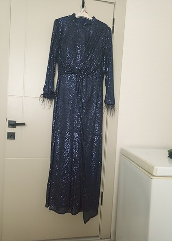 Parlak Lacivert Uzun Kollu V Yaka Elbise - Görsel 10