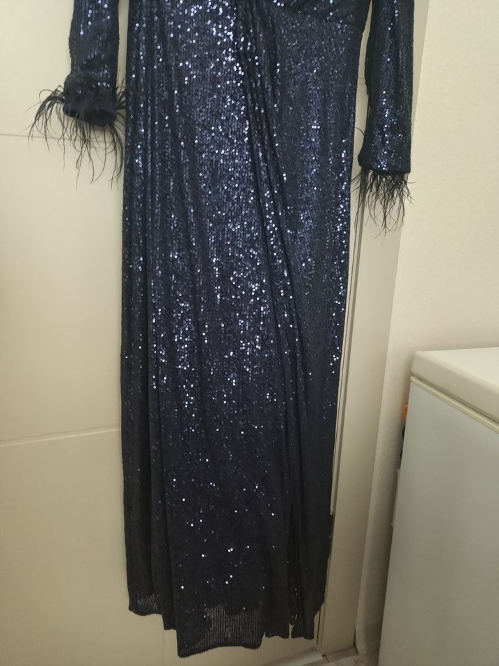 Parlak Lacivert Uzun Kollu V Yaka Elbise - Görsel 4