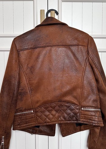 Kahverengi Deri Biker Ceket Kadın - Görsel 3