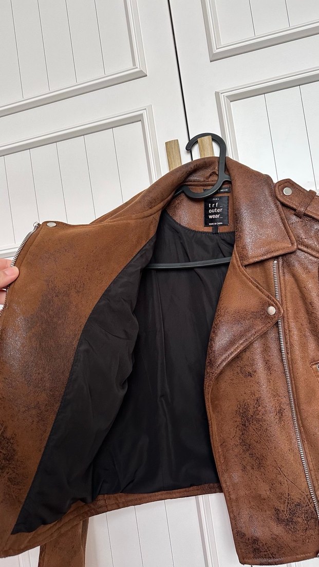 Kahverengi Deri Biker Ceket - Görsel 2