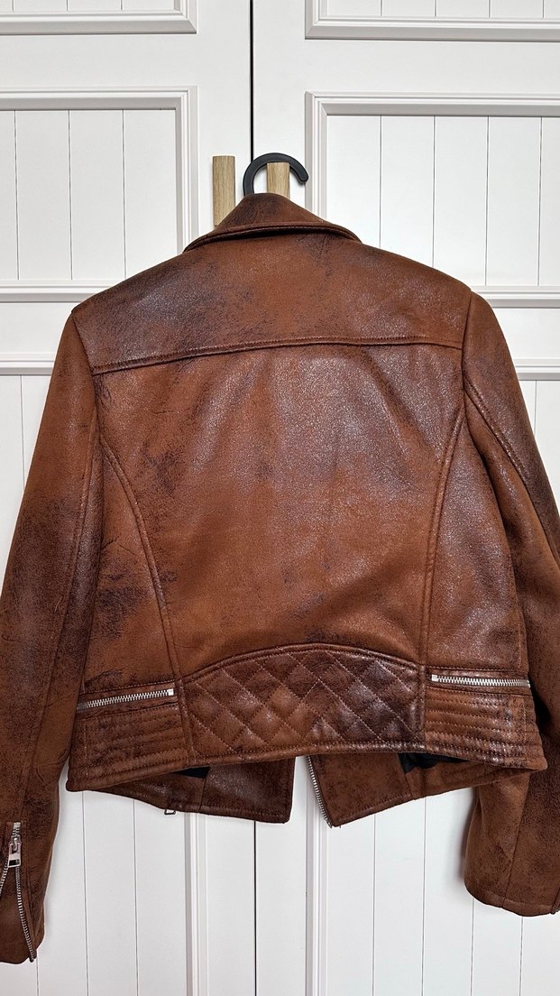 Kahverengi Deri Biker Ceket - Görsel 4