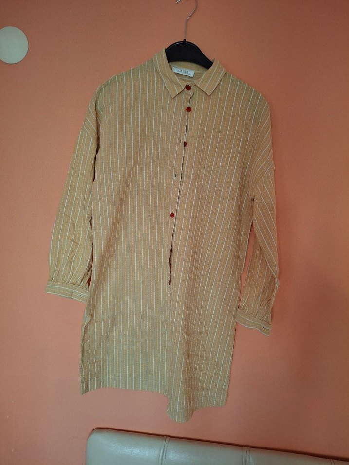 Bej Keten Düğmeli Bohem Kadın Gömlek - Görsel 5